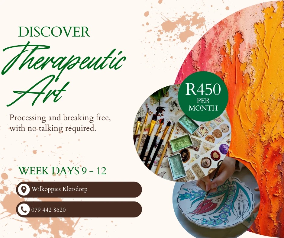 Therapeutic Art flyer: paint, brushes and a hand painting a plate, R450 per month